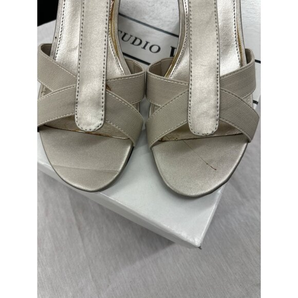 Studio Works Gold Open Toe Wedge Heels 8M With Strappy Design & Cushioned Sole - Picture 3 of 6